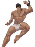  1boy abs absurdres amo9612 bara black_hair boxers bulge chain chained dark-skinned_male dark_skin davion_(dota:dragon&#039;s_blood) dota:dragon&#039;s_blood facial_hair foot_out_of_frame forked_eyebrows goatee highres large_pectorals light_blush looking_at_viewer male_focus male_underwear mature_male muscular muscular_male navel navel_hair nipples pectorals scar scar_on_chest short_hair sideburns solo stomach stubble thick_thighs thighs tooth_necklace underwear underwear_only white_male_underwear 