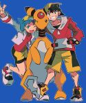  1boy 1girl :d absurdres ampharos arm_up backwards_hat bike_shorts black_hair blush cropped_jacket ethan_(pokemon) gen_2_pokemon green_eyes green_hair grin hat highres hood hoodie jacket kris_(pokemon) leg_up one_eye_closed open_mouth pokegear pokemon pokemon_(creature) pokemon_(game) pokemon_gsc pose red_hoodie short_twintails smile twintails white_jacket yellow_headwear yellow_legwear zianazu 