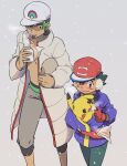  2boys ameiro_pk ash_ketchum bangs baseball_cap breath brown_eyes capri_pants closed_mouth coat cold collarbone commentary eating facial_hair feeding gen_1_pokemon gloves goatee grey_pants hair_between_eyes hand_up hat highres holding inside_clothes kukui_(pokemon) male_focus multiple_boys open_clothes open_coat pants pikachu pokemon pokemon_(anime) pokemon_(creature) pokemon_sm_(anime) red_gloves short_hair smile sunglasses white_headwear 