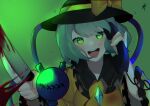  1girl :d bangs black_headwear blood blood_on_knife blouse bow breasts chromatic_aberration eyeball eyebrows_behind_hair frilled_shirt_collar frills gradient gradient_background green_background green_eyes green_hair hat hat_bow hat_ribbon highres holding holding_knife holding_phone knife komeiji_koishi light_blush long_sleeves looking_at_viewer majime_joe medium_breasts open_mouth phone ribbon round_teeth short_hair signature simple_background smile solo swept_bangs teeth third_eye touhou upper_teeth wide_sleeves yellow_blouse yellow_bow 