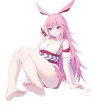  1girl :d absurdres animal_ears bangs bare_shoulders barefoot breasts cleavage cup delusion_god drinking_glass feet fox_ears full_body hair_between_eyes highres holding holding_cup honkai_(series) honkai_impact_3rd legs long_hair looking_at_viewer on_floor open_mouth pink_hair purple_eyes simple_background sitting smile soles solo toes white_background wine_glass yae_sakura yae_sakura_(gyakushinn_miko) 