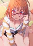 1girl :p barefoot breasts cellphone cleavage collarbone from_above glasses hair_down kitahara_tomoe_(kitahara_koubou) looking_at_viewer love_live! love_live!_sunshine!! medium_breasts orange_hair phone red-framed_eyewear red_eyes short_hair sitting solo takami_chika toes tongue tongue_out twitter_username 