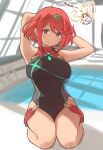  1girl armpits arms_behind_head bangs bare_shoulders breasts closed_mouth competition_swimsuit covered_navel earrings eyebrows_visible_through_hair indoors jewelry kiikii_(kitsukedokoro) kneeling large_breasts looking_at_viewer navel one-piece_swimsuit pool pyra_(pro_swimmer)_(xenoblade) pyra_(xenoblade) red_eyes red_hair rei_no_pool seiza short_hair sitting smile solo swimsuit xenoblade_chronicles_(series) xenoblade_chronicles_2 