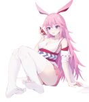  1girl :d absurdres animal_ears bangs bare_shoulders breasts cleavage cup delusion_god drinking_glass feet fox_ears full_body hair_between_eyes highres holding holding_cup honkai_(series) honkai_impact_3rd legs long_hair looking_at_viewer no_shoes on_floor open_mouth pink_hair purple_eyes simple_background sitting smile soles solo thighhighs toes white_background white_legwear wine_glass yae_sakura yae_sakura_(gyakushinn_miko) 