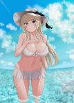  1girl absurdres bikini bikini_skirt blonde_hair blue_eyes blue_sky braid breasts cleavage cloud commentary_request day french_braid groin hat highres horizon jousanrou kantai_collection large_breasts long_hair looking_at_viewer navel ocean outdoors see-through_skirt skirt sky solo sun_hat swimsuit warspite_(kancolle) water white_bikini white_headwear 
