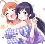  2girls behind_another breast_grab breasts closed_eyes collarbone commentary_request eyebrows_visible_through_hair grabbing grabbing_from_behind green_eyes grin highres large_breasts laughing long_hair love_live! love_live!_school_idol_project love_live!_sunshine!! low_twintails multiple_girls off-shoulder_shirt off_shoulder orange_hair purple_hair shirt short_hair smile takami_chika toujou_nozomi twintails upper_body zero-theme 