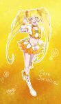  1girl :d bangs blonde_hair boots bow character_name choker collarbone crop_top cure_sunshine earrings eyebrows_visible_through_hair floating_hair full_body hair_bow heartcatch_precure! highres jewelry long_hair looking_at_viewer midriff miniskirt myoudouin_itsuki navel orange_bow orange_choker orange_skirt precure skirt smile solo standing stomach twintails usiusi_nanas very_long_hair w white_footwear wrist_cuffs yellow_background yellow_eyes 