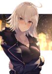  1girl ahoge bangs blush breasts closed_mouth coat crossed_arms fate/grand_order fate_(series) fur-trimmed_coat fur_trim hair_between_eyes highres jacket jeanne_d&#039;arc_(alter)_(fate) jeanne_d&#039;arc_(fate)_(all) jewelry large_breasts long_sleeves looking_at_viewer necklace pout shirt short_hair silver_hair solo soupchan wicked_dragon_witch_ver._shinjuku_1999 yellow_eyes 
