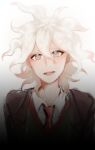  1boy :d bangs black_jacket brown_vest collared_shirt commentary danganronpa_(series) danganronpa_3_(anime) grey_eyes hiru_(hyerrr) hope&#039;s_peak_academy_school_uniform jacket komaeda_nagito looking_at_viewer male_focus messy_hair necktie open_mouth red_neckwear school_uniform shirt simple_background sketch smile solo teeth upper_body vest white_background white_hair white_shirt 