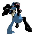  closed_mouth from_below frown full_body furry gen_4_pokemon kochi8i lucario pokemon pokemon_(creature) red_eyes simple_background solo spikes toes white_background yellow_fur 