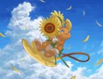 alolan_form alolan_raichu blue_eyes closed_mouth cloud commentary_request day flower flying full_body gen_7_pokemon highres holding holding_flower nashimochi_4 no_humans outdoors petals pokemon pokemon_(creature) sky smile solo split_mouth sunflower 