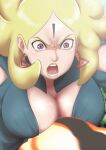  1girl angry blonde_hair boruto:_naruto_next_generations boruto:_naruto_the_movie breasts cleavage delta_(boruto) earrings eeshin_(eishin5584) facial_mark forehead_mark jewelry large_breasts long_hair naruto_(series) open_mouth red_eyes solo 