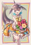  1girl alternate_costume apron bare_legs bare_shoulders black_hair blonde_hair blowhole blue_eyes blue_hair blush bouquet bow bowtie collar commentary_request common_dolphin_(kemono_friends) cowboy_shot dolphin_girl dolphin_tail dorsal_fin dress enmaided eyebrows_visible_through_hair flower frilled_collar frilled_dress frills high_collar highres kemono_friends kemono_friends_3 kosai_takayuki maid multicolored_hair official_alternate_costume open_mouth orange_dress short_hair sleeveless smile solo standing standing_on_one_leg white_apron white_collar white_hair yellow_neckwear 