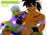  1boy 1girl black_eyes black_hair bracer broly_(dragon_ball_super) character_name cheelai colored_skin commentary_request copyright_name dragon_ball dragon_ball_super dragon_ball_super_broly green_skin iiimirai purple_eyes scar scar_on_chest short_hair sitting tongue tongue_out twitter_username white_hair 
