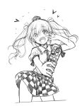  1girl :d blush cellphone checkered checkered_skirt collared_shirt commentary_request contrapposto greyscale hair_ribbon hand_up hat heart highres himekaidou_hatate holding holding_phone long_hair mini_hat monochrome necktie nibi open_mouth outstretched_arm phone puffy_short_sleeves puffy_sleeves ribbon shirt short_sleeves simple_background skirt smile solo tokin_hat touhou twintails w white_background 