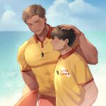  2boys bara black_hair blush brown_hair closed_eyes closed_mouth cloud couple day hand_on_another&#039;s_head headpat higashigunkan large_pectorals lifeguard male_focus multiple_boys muscular muscular_male open_mouth original outdoors pectorals red_shirt shirt short_hair sky smile summer two-tone_shirt upper_body whistle yaoi yellow_shirt 