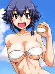  1girl bikini blue_hair blush bouncing_breasts braid breasts brown_eyes cleavage collarbone eyebrows_visible_through_hair girls_und_panzer large_breasts looking_at_viewer oosaka_kanagawa open_mouth outdoors pepperoni_(girls_und_panzer) shiny shiny_hair shiny_skin short_hair sky smile solo swimsuit upper_body white_bikini 