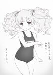  1girl bangs breasts collarbone flat_chest flower greyscale hair_flower hair_ornament kiikii_(kitsukedokoro) long_hair looking_at_viewer monika_weisswind monochrome navel one-piece_swimsuit princess_connect! school_swimsuit simple_background small_breasts solo standing swimsuit translated twintails white_background 