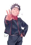  1boy black_eyes black_hair blue_jacket blue_pants eyebrows forehead_protector grin hand_on_hip highres jacket konohagakure_symbol long_sleeves looking_at_viewer male_focus naruto_(series) naruto_shippuuden ninja one_eye_closed pants short_hair simple_background smile solo uchiha_obito v white_background younger zifletts 