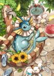  ball bathing beachball blurry bubble bucket closed_mouth commentary_request cutiefly day faucet flower footwear_removed gen_1_pokemon gen_3_pokemon gen_7_pokemon highres looking_up matsuri_(matsuike) no_humans outdoors partially_submerged paws petals pokemon pokemon_(creature) purple_eyes ripples smile sunflower toes vaporeon water wingull 