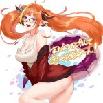  1girl :d ass bare_shoulders black-framed_eyewear blush bow breasts bright_pupils cleavage dragon_tail floating_hair from_side glasses hololive horn_bow horn_ornament horns jacket jewelry kiryu_coco large_breasts long_hair long_sleeves looking_at_viewer looking_to_the_side necklace no_panties open_mouth orange_hair pointy_ears purple_eyes red_jacket shu-mai smile solo strap_gap striped striped_bow tail twintails very_long_hair virtual_youtuber white_pupils 