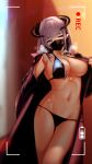  1girl bangs battery_indicator bikini black_bikini black_coat black_mask blurry blurry_background breasts chinese_commentary cleavage coat commentary_request cowboy_shot exhibitionism eyebrows_visible_through_hair groin highres horns indie_virtual_youtuber large_breasts long_hair long_sleeves looking_at_viewer mask mouth_mask navel open_clothes open_coat pointy_ears purple_hair recording shito_anon solo steaming_body stomach sweat swimsuit undressing untied untied_bikini valkyrierei viewfinder virtual_youtuber 