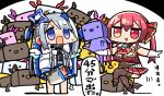  2girls amane_kanata angel_wings axolotl axolotl_(minecraft) blue_hair breasts colored_inner_hair gloves halo heterochromia hololive houshou_marine jacket kanikama large_breasts leg_up minecraft multicolored_hair multiple_girls open_mouth red_eyes red_hair silver_hair star_halo sweat translation_request two-tone_hair virtual_youtuber white_gloves white_jacket wings yellow_eyes 