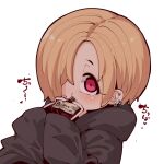  1girl black_hoodie blonde_hair drinking_blood ear_piercing earrings hair_over_one_eye hood hood_down hoodie idolmaster idolmaster_cinderella_girls jewelry long_sleeves looking_at_viewer medium_hair one_eye_covered piercing shirasaka_koume simple_background sleeves_past_fingers sleeves_past_wrists solo sucking takato_kurosuke white_background 