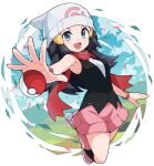  1girl beanie black_hair black_vest blue_eyes blue_hair breasts commentary dawn_(pokemon) full_body hat highres long_hair open_mouth outstretched_arm pink_skirt poke_ball poke_ball_(basic) pokemon pokemon_(game) pokemon_dppt red_scarf scarf shirt skirt solo vest white_shirt yokoyoko_(nazonazo) 