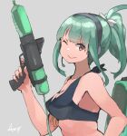  1girl artist_name bangs bikini black_bikini blunt_bangs breasts brown_eyes green_hair grey_background headgear headset highres kantai_collection looking_at_viewer medium_breasts microphone one_eye_closed ponytail simple_background solo sunday_aki swimsuit upper_body water_gun yuubari_(kancolle) 