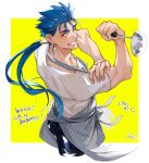  1boy apron biceps blue_hair closed_mouth cu_chulainn_(fate) cu_chulainn_(fate/stay_night) earrings emiya-san_chi_no_kyou_no_gohan fang fate/stay_night fate_(series) flexing floating_hair grin holding holding_ladle jewelry ladle long_hair looking_at_viewer makina_(nikki_m7_) male_focus muscular muscular_male one_eye_closed ponytail pose red_eyes shirt short_sleeves smile solo spiked_hair t-shirt 