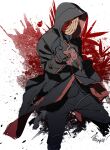  1boy akatsuki_(naruto) akatsuki_uniform black_coat black_gloves black_hair black_pants coat gloves hand_up highres hood hood_up male_focus mask naruto_(series) naruto_shippuuden pants sharingan solo tobi_(naruto) zifletts 