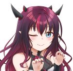  1girl ;) absurdres bangs bare_shoulders blue_eyes blush claw_pose closed_mouth fangs fingernails hair_between_eyes highres hololive hololive_english horns irys_(hololive) jan_azure looking_at_viewer multicolored_hair multiple_horns nail_polish one_eye_closed purple_eyes red_eyes red_nails sleeveless smile solo virtual_youtuber 