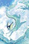  blue_eyes cloud commentary_request day gen_1_pokemon jumping lens_flare no_humans open_mouth outdoors paws pokemon pokemon_(creature) sky smile solo toes vaporeon water water_drop yurano_(upao) 