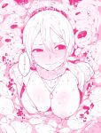  1girl blush breasts closed_mouth half-closed_eyes idolmaster idolmaster_shiny_colors jewelry large_breasts monochrome necklace nipples one_breast_out pink_theme restrained saijou_juri solo takato_kurosuke tentacle_pit tentacles translation_request 