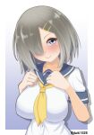 1girl blue_eyes breasts commentary_request daichi_(daiti1318) gradient gradient_background grey_sailor_collar hair_ornament hair_over_one_eye hairclip hamakaze_(kancolle) highres kantai_collection large_breasts neckerchief one-hour_drawing_challenge sailor_collar school_uniform serafuku short_hair silver_hair smile solo twitter_username white_background yellow_neckwear 