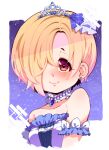  1girl bare_shoulders blonde_hair blue_bow blush border bow closed_mouth crown diadem earrings hair_bow hair_over_one_eye heart heart-shaped_pupils idolmaster idolmaster_cinderella_girls jewelry looking_at_viewer purple_background shirasaka_koume short_hair smile solo symbol-shaped_pupils takato_kurosuke upper_body white_border 