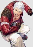  1boy blue_eyes brown_gloves earrings gloves grey_background highres jacket jewelry long_sleeves looking_at_viewer male_cleavage male_focus muscular muscular_male nanakase_yashiro open_clothes open_jacket otsudou pants pectorals red_jacket short_hair simple_background smile solo the_king_of_fighters the_king_of_fighters_&#039;97 white_hair white_pants 