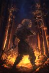  1boy anniechromes arrow_(projectile) blonde_hair fire forest highres holding holding_weapon knife nature night night_sky outdoors short_hair sky sword thorfinn tree tunic viking vinland_saga weapon 