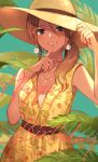  1girl adjusting_clothes adjusting_headwear belt birthday black_eyes blonde_hair blush breasts brown_hair cleavage commentary_request dress earrings eyebrows_visible_through_hair finger_to_mouth floral_print flower_earrings gradient_eyes happy_birthday hat highres hoop_earrings idolmaster idolmaster_shiny_colors izumi_mei jewelry large_breasts leaf multicolored multicolored_eyes nail_polish necklace o0u0m ponytail solo sun_hat sundress tan 