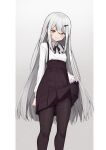  1girl absurdres bangs black_legwear black_skirt blush breasts brown_eyes clothes_lift collared_shirt feet_out_of_frame grey_background grey_hair hair_ornament hairclip high-waist_skirt highres kouki_(chancegak) lifted_by_self long_hair long_sleeves looking_at_viewer neck_ribbon original pantyhose pleated_skirt pout ribbon shirt shirt_tucked_in silver_hair skirt skirt_lift small_breasts solo very_long_hair white_shirt 