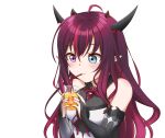  1girl absurdres bare_shoulders blue_eyes blush bridal_gauntlets cup drinking drinking_glass drinking_straw fangs fingernails heterochromia highres holding holding_cup hololive hololive_english horns irys_(hololive) jan_azure looking_at_object multicolored_hair multiple_horns nail_polish purple_eyes red_eyes red_nails sipping sleeveless solo virtual_youtuber 