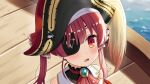  1girl bare_shoulders dorianpanda eyepatch hat heart highres hololive houshou_marine long_hair looking_up open_mouth pirate_hat red_eyes red_hair ship solo twintails upper_body virtual_youtuber water watercraft 