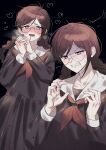  1girl absurdres anger_vein angry bangs black_background black_shirt black_skirt blush braid brown_hair clenched_teeth collarbone commentary_request danganronpa:_trigger_happy_havoc danganronpa_(series) fang fukawa_touko glasses hands_up heart heart_in_eye highres kkultteog long_hair long_sleeves looking_at_viewer messy_hair multiple_views neckerchief open_mouth own_hands_together pink_eyes round_eyewear sailor_collar saliva school_uniform serafuku shaded_face shirt simple_background skirt smile symbol_in_eye teeth twin_braids upper_body 