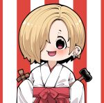  1girl :d blonde_hair blush chibi hair_over_one_eye hakama holding holding_mallet idolmaster idolmaster_cinderella_girls japanese_clothes kimono looking_at_viewer mallet one_eye_covered open_mouth pink_eyes red_hakama shirasaka_koume smile solo takato_kurosuke upper_body waraningyou 