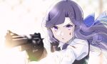  1girl aiming bangs black_vest blood blood_on_clothes blood_on_face commentary_request formal gun hair_ornament holding holding_gun holding_weapon long_hair long_sleeves necktie nijiko_(c2cs4q) purple_eyes purple_hair purple_neckwear revolver shirt shoujo_kageki_revue_starlight solo tendou_maya vest weapon white_background white_shirt x_hair_ornament 