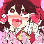  1girl ahegao ascot bare_shoulders blush bow brown_eyes brown_hair hair_bow hair_tubes hakurei_reimu implied_sex pink_background red_bow rolling_eyes tentacle_sex tentacles tongue tongue_out touhou yassy yellow_neckwear 