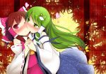  2girls ascot blush bow brown_hair cheek-to-cheek detached_sleeves frog_hair_ornament green_eyes green_hair hair_bow hair_ornament hair_tubes hakurei_reimu heart highres holding_hands interlocked_fingers kochiya_sanae long_hair multiple_girls one_eye_closed photoshop_(medium) red_eyes smile snake_hair_ornament touhou yassy yuri 