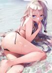  1girl artist_name bare_arms bare_legs beach bikini black_bikini blue_eyes braid commentary covering_mouth day english_commentary eyebrows_visible_through_hair hair_between_eyes hand_over_own_mouth highres ia_(vocaloid) legs long_hair looking_at_viewer lying ocean on_side outdoors partially_submerged silver_hair solo swimsuit takepon1123 thighs twin_braids vocaloid wet 
