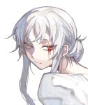  1girl blood blood_from_eyes buttoniris closed_mouth hair_bun hair_ornament hair_stick looking_at_viewer original portrait sidelocks simple_background solo tears two_(buttoniris) white_background white_hair 